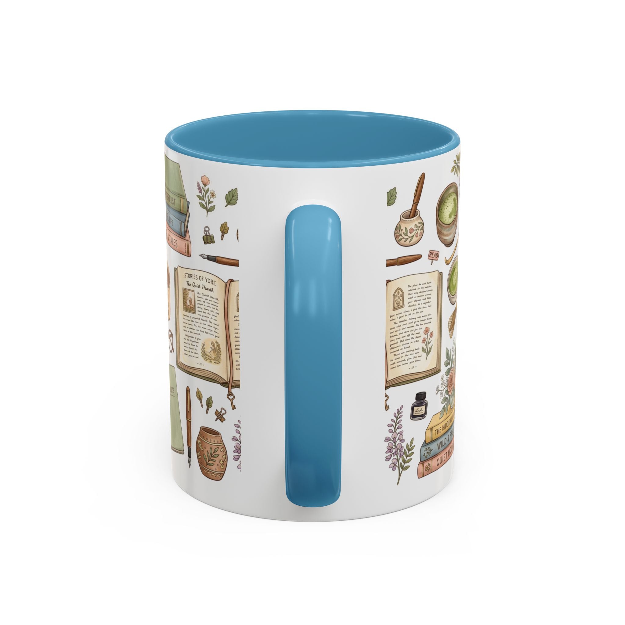 A white ceramic mug with a bright blue handle and interior, decorated with vintage-style illustrated books, herbs, and scientific instruments.