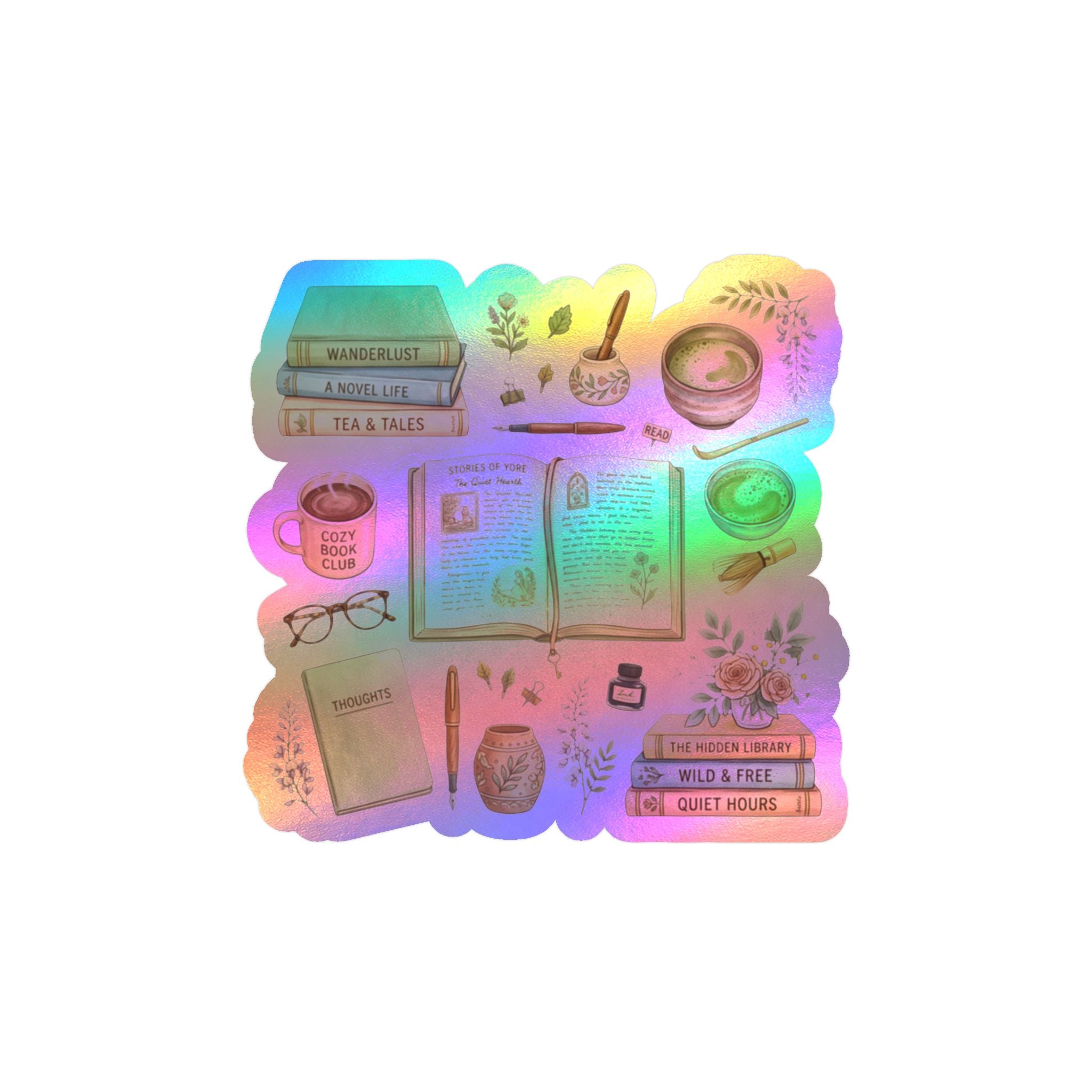 A die-cut sticker featuring cozy book-themed illustrations with a holographic rainbow sheen, shown on a plain white background.