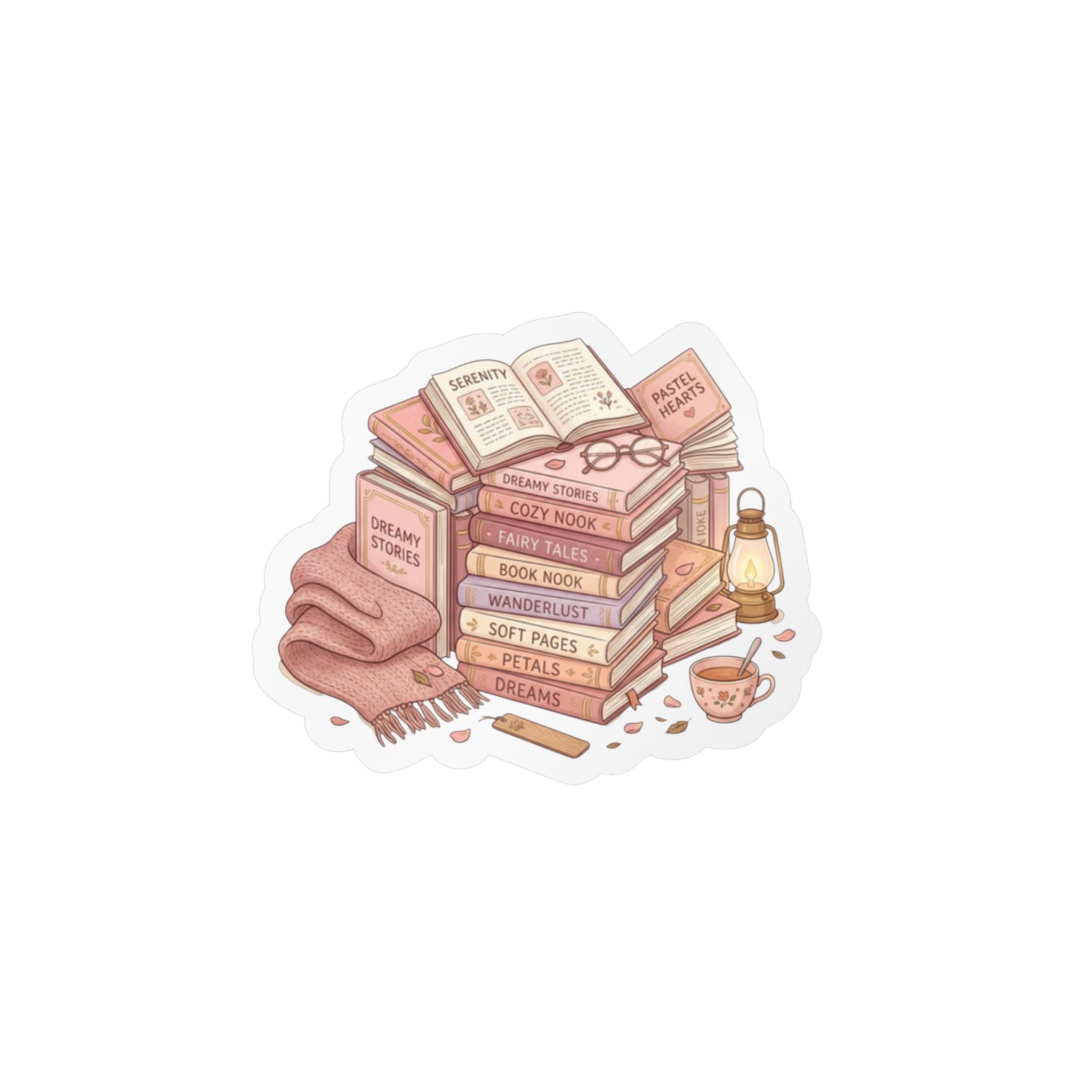 A die-cut sticker featuring a cozy book-themed illustration with a stack of books, an open book, glasses, a folded pink blanket, a lantern, and a small cup on a white background.