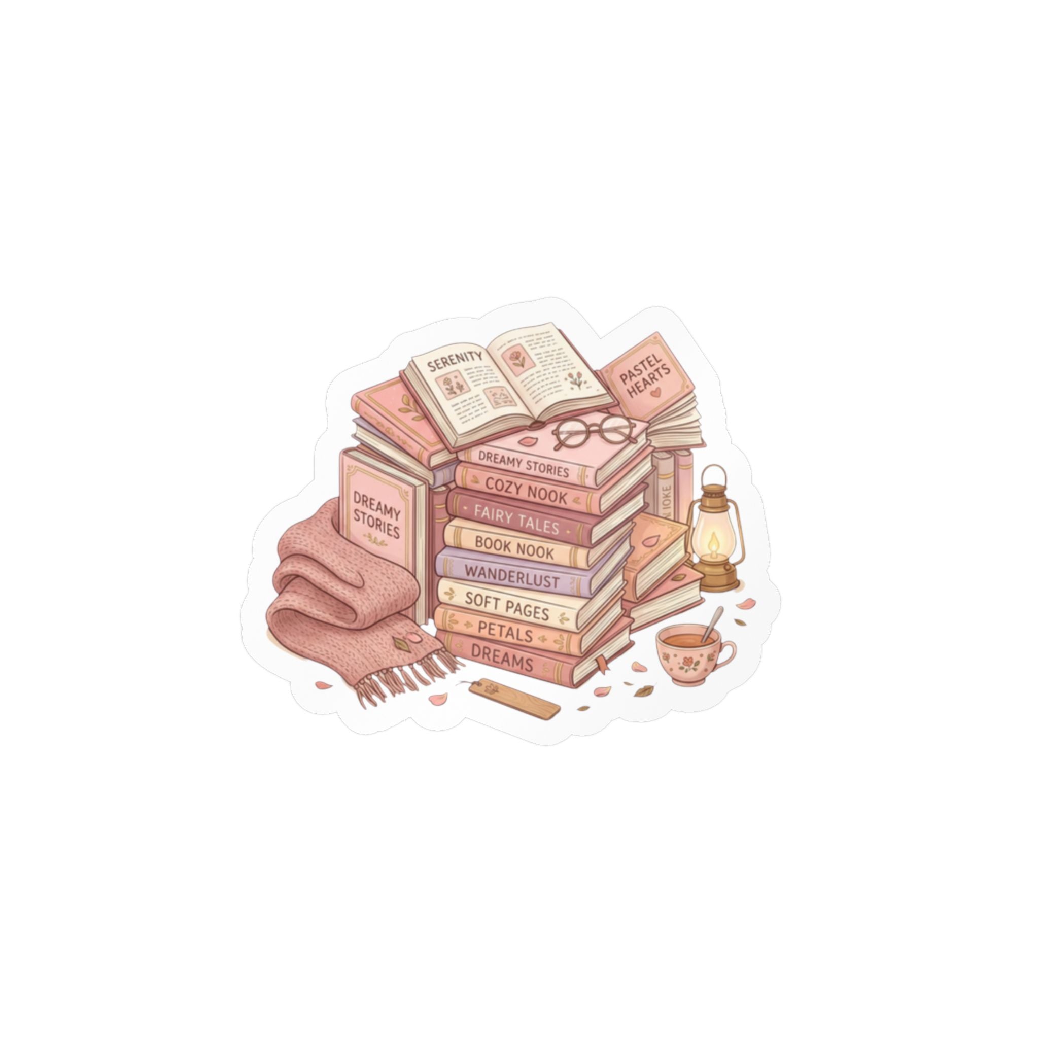 A die-cut sticker featuring a cozy illustration of a book stack with an open book, glasses, a lantern, a cup of tea, and a pink blanket on a white background.