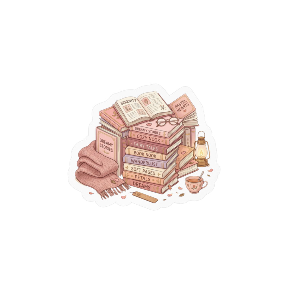 A die-cut sticker featuring a cozy illustration of a stack of books, an open book, glasses, a folded blanket, a lantern, and a cup on a white background.