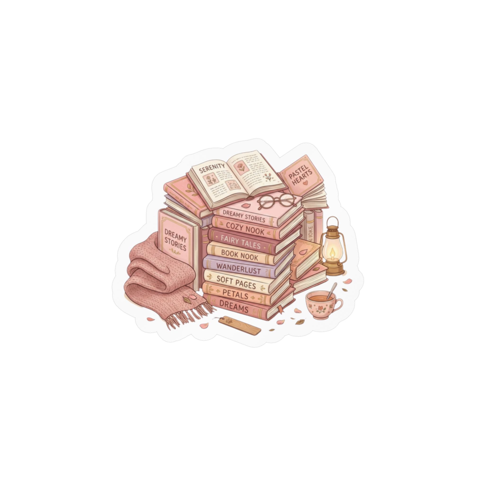 A die-cut sticker featuring a cozy illustration of a stack of books, an open book, glasses, a folded blanket, a lantern, and a cup on a white background.