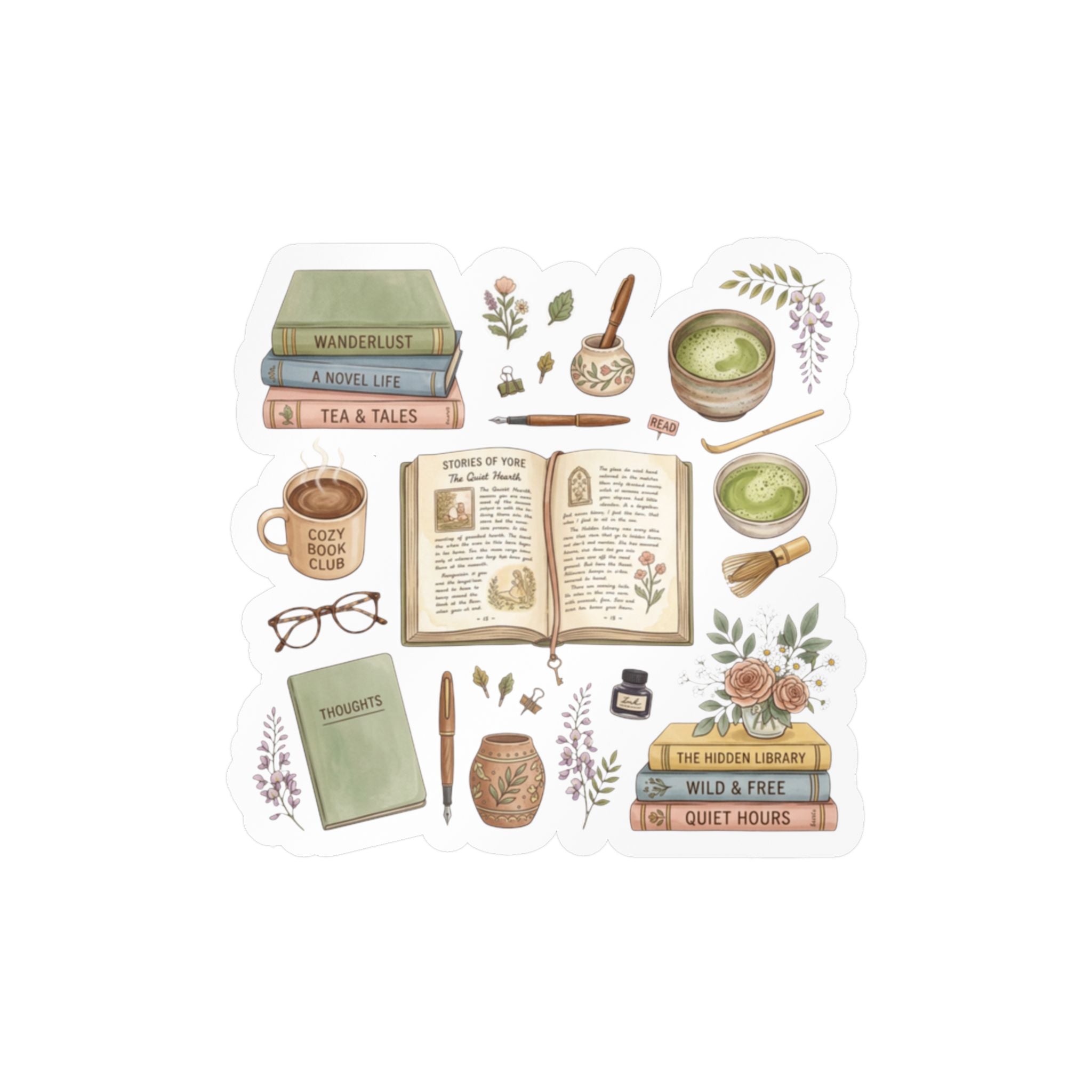 A die-cut sticker featuring a cozy illustrated scene with books, an open notebook, a mug, eyeglasses, flowers, and small objects in muted earthy tones on a white background.