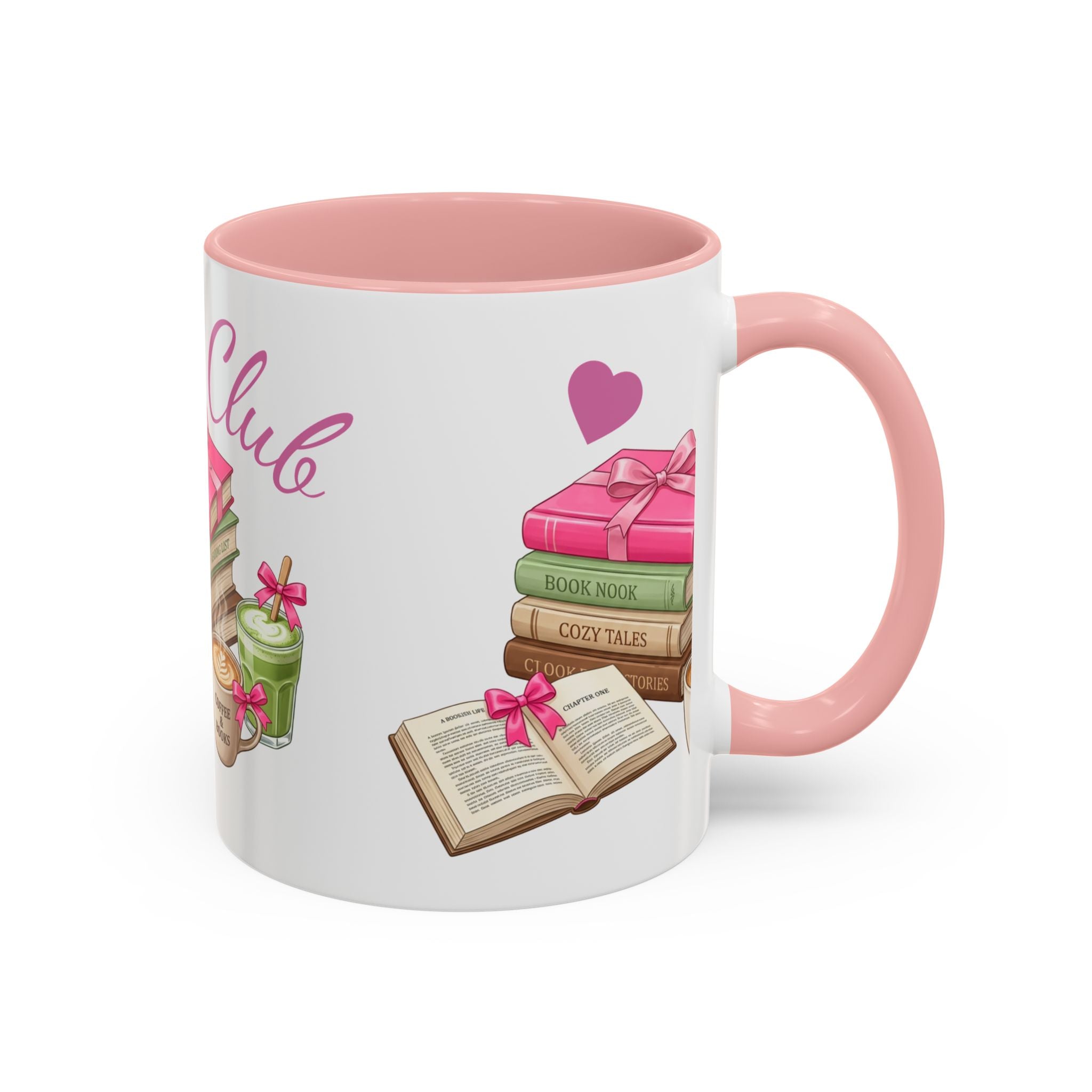 A white ceramic mug with a pink interior and handle, decorated with illustrations of books, an open book, a pink heart, and the word 'Club' in pink script.
