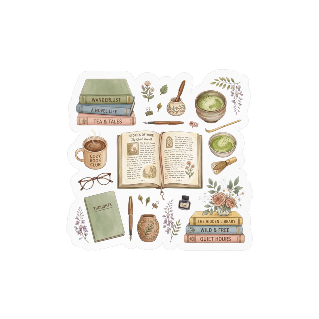 A die-cut sticker featuring a watercolor-style collection of cozy reading and tea-themed illustrations, including books, an open notebook, a mug, eyeglasses, flowers, and small decorative objects, shown on a plain white background.