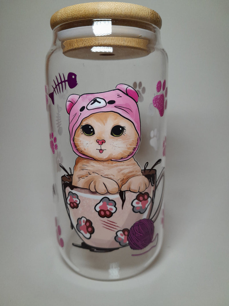 A Borosilicate Glass Cup With A Cat Image Design  Inscribe  on it