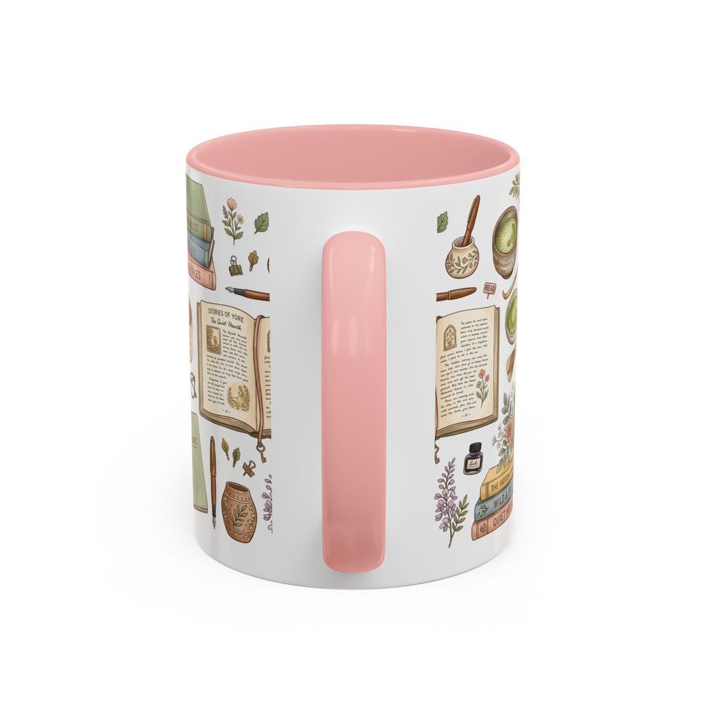 A white ceramic mug with a pink interior and a pink handle, decorated with vintage-style botanical illustrations of books, herbs, and scientific instruments.