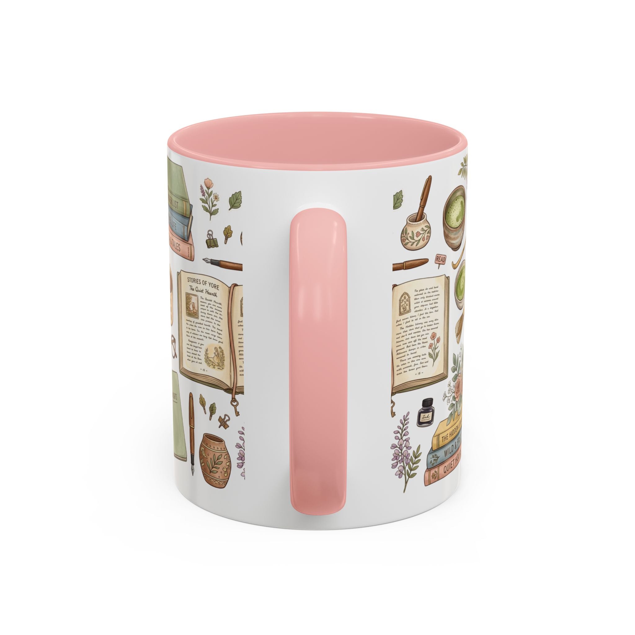 A white ceramic mug with a pink interior and a pink handle, decorated with vintage-style botanical illustrations of books, herbs, and scientific instruments.