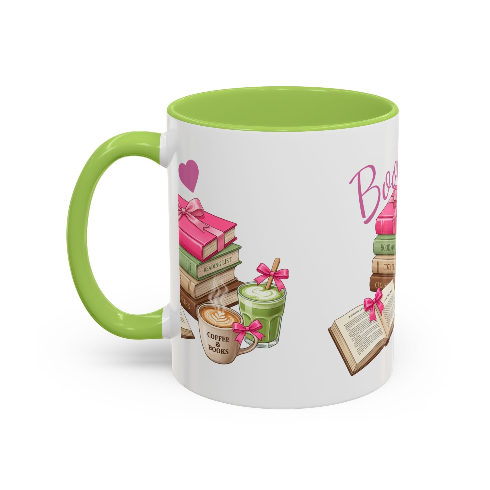 A white ceramic mug with a bright green handle and interior, decorated with illustrations of books, coffee cups, and macarons, with the word 'Books' printed in pink script.