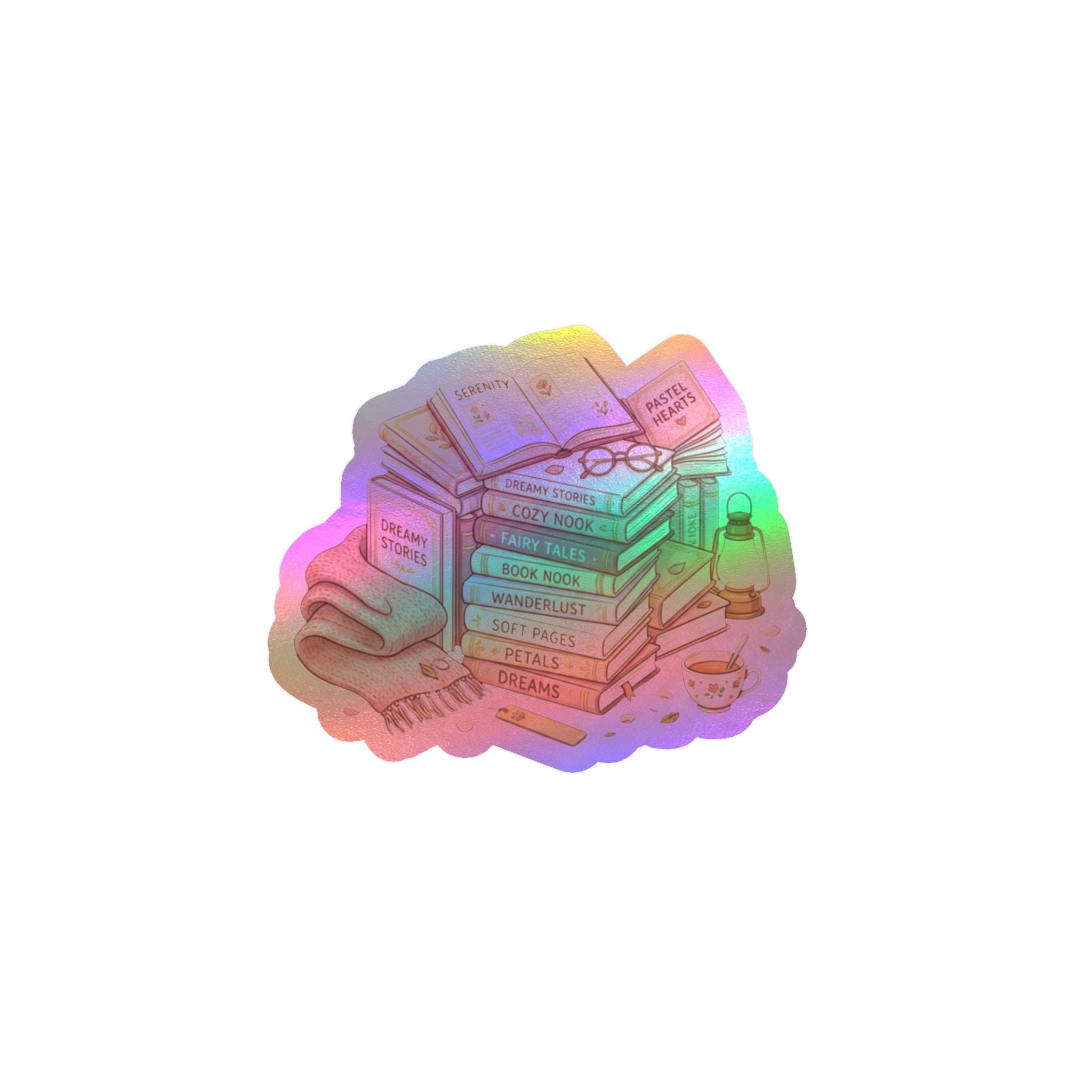A small holographic sticker or decal featuring an illustrated stack of books, glasses, a lantern, and a cup, shown on a plain white background.