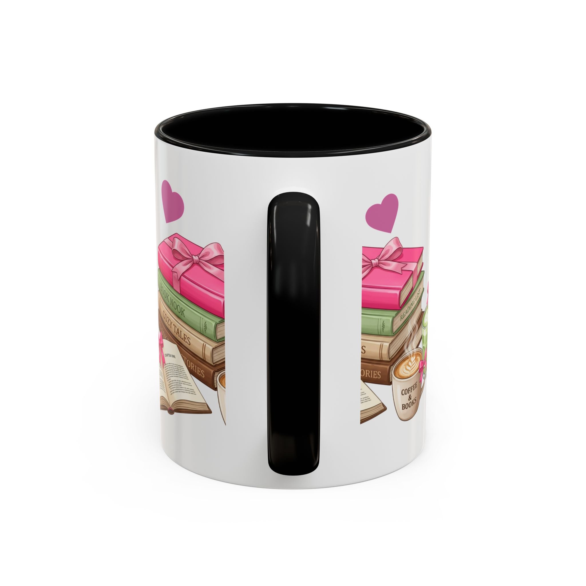 A white ceramic mug with a black handle and black interior, decorated with a repeating illustration of pink gift boxes, stacked books, open books, and pink hearts.