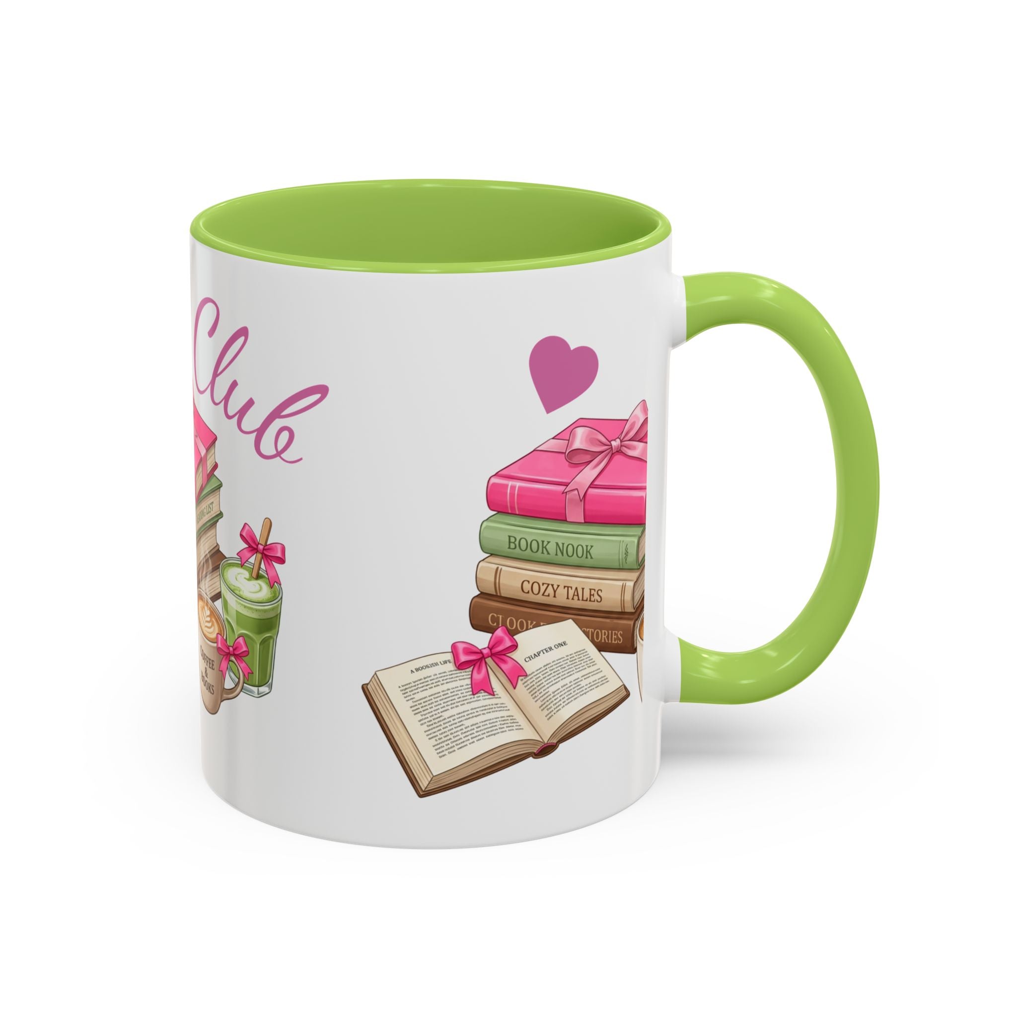 A white ceramic mug with a bright green interior and handle, decorated with a book-themed illustration featuring a stack of books, an open book, a pink heart, and the partial text 'Club'.