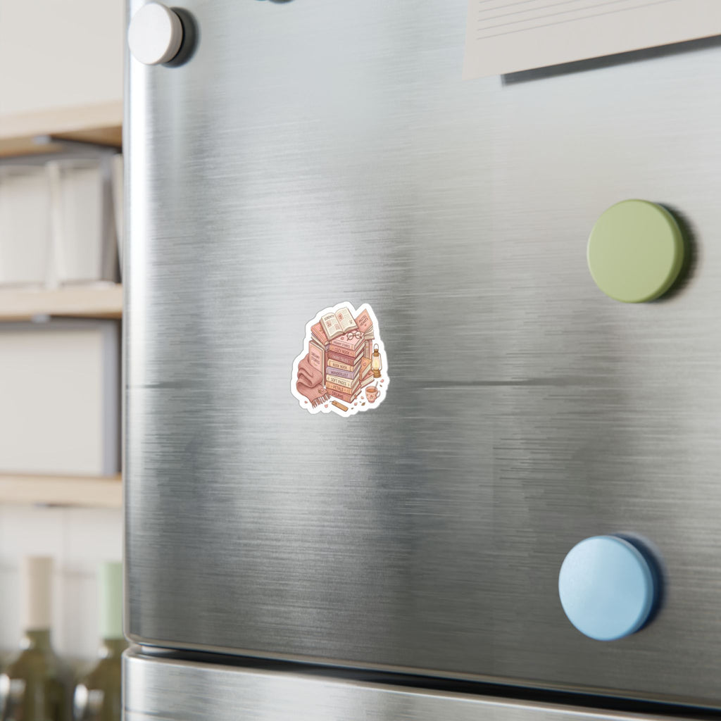 Sticker of a character on a metallic surface with colorful magnets.