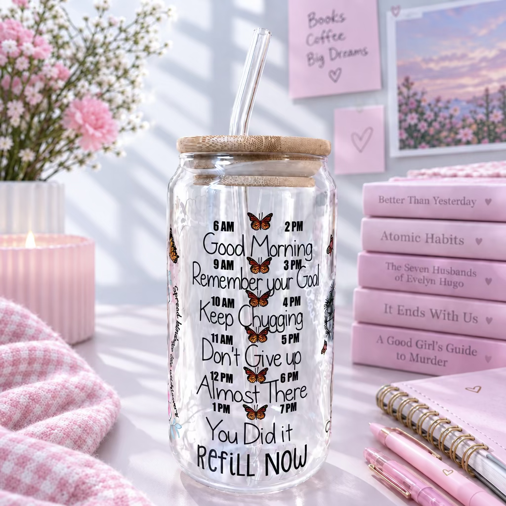 A clear glass can-shaped tumbler with a bamboo lid and clear straw, featuring motivational text and butterfly illustrations on a pink surface with a neutral curtain background.