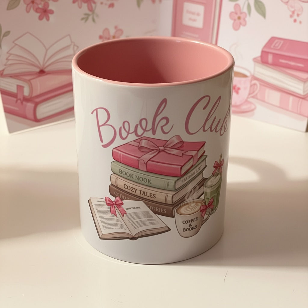 A white ceramic mug with a pink interior, featuring a 'Book Club' illustration with a stack of books, an open book, and a coffee cup on a white surface.