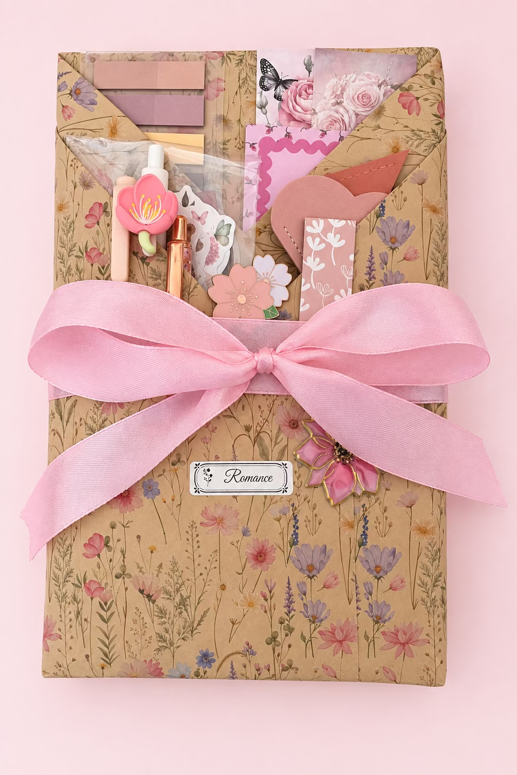 A book hand wrapped in beige floral patterned paper, tied with a large pink satin ribbon, and decorated with small pink and white floral embellishments, a floral pen, bookmarks, floral page paper clip, bookish stickers, pens and a small label reading “Romance” centered at the mid half way of the book. 