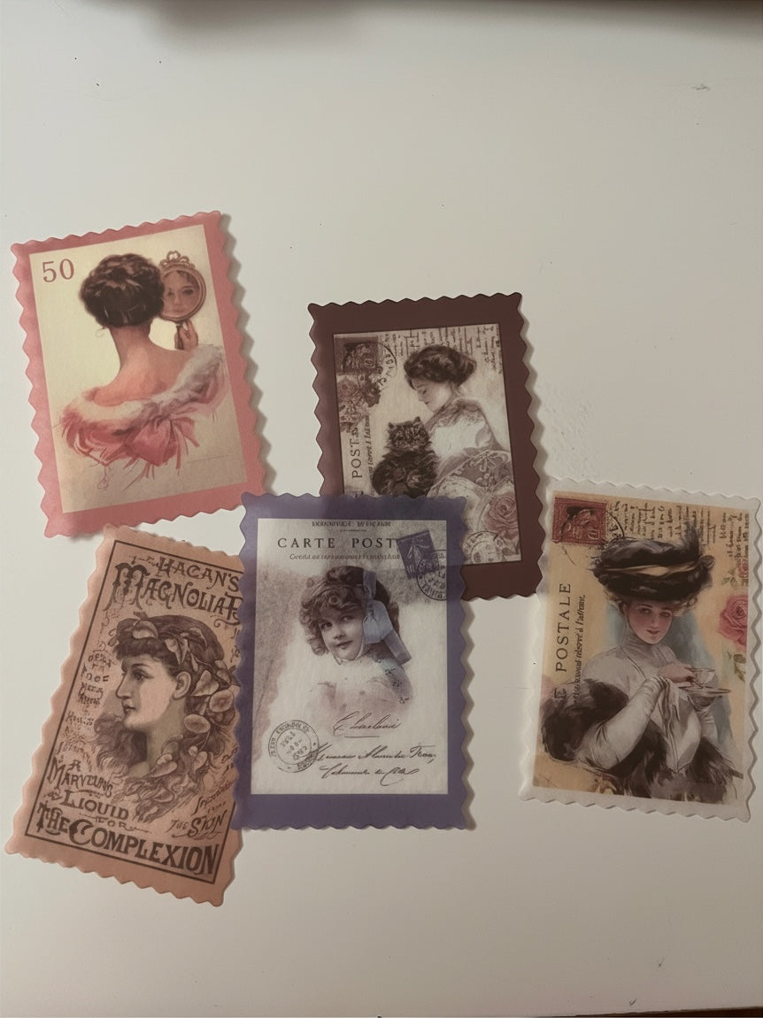 Five vintage-style postage stamp designs arranged on a light beige surface. The stamps feature antique illustrations of women and decorative typography in muted tones including pink, mauve, purple, tan, and brown.