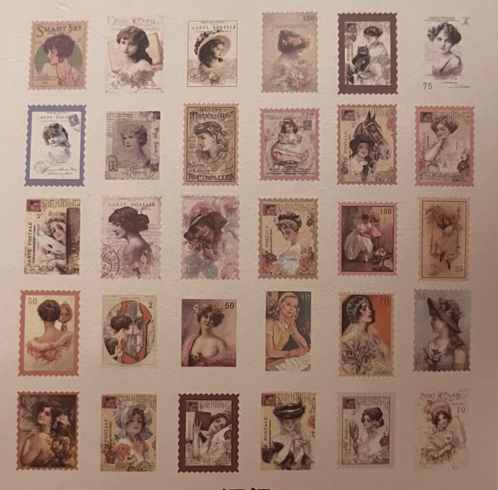 A sheet of vintage-style postage stamp illustrations featuring multiple portrait and fashion-themed stamp designs arranged in rows on a light beige background.