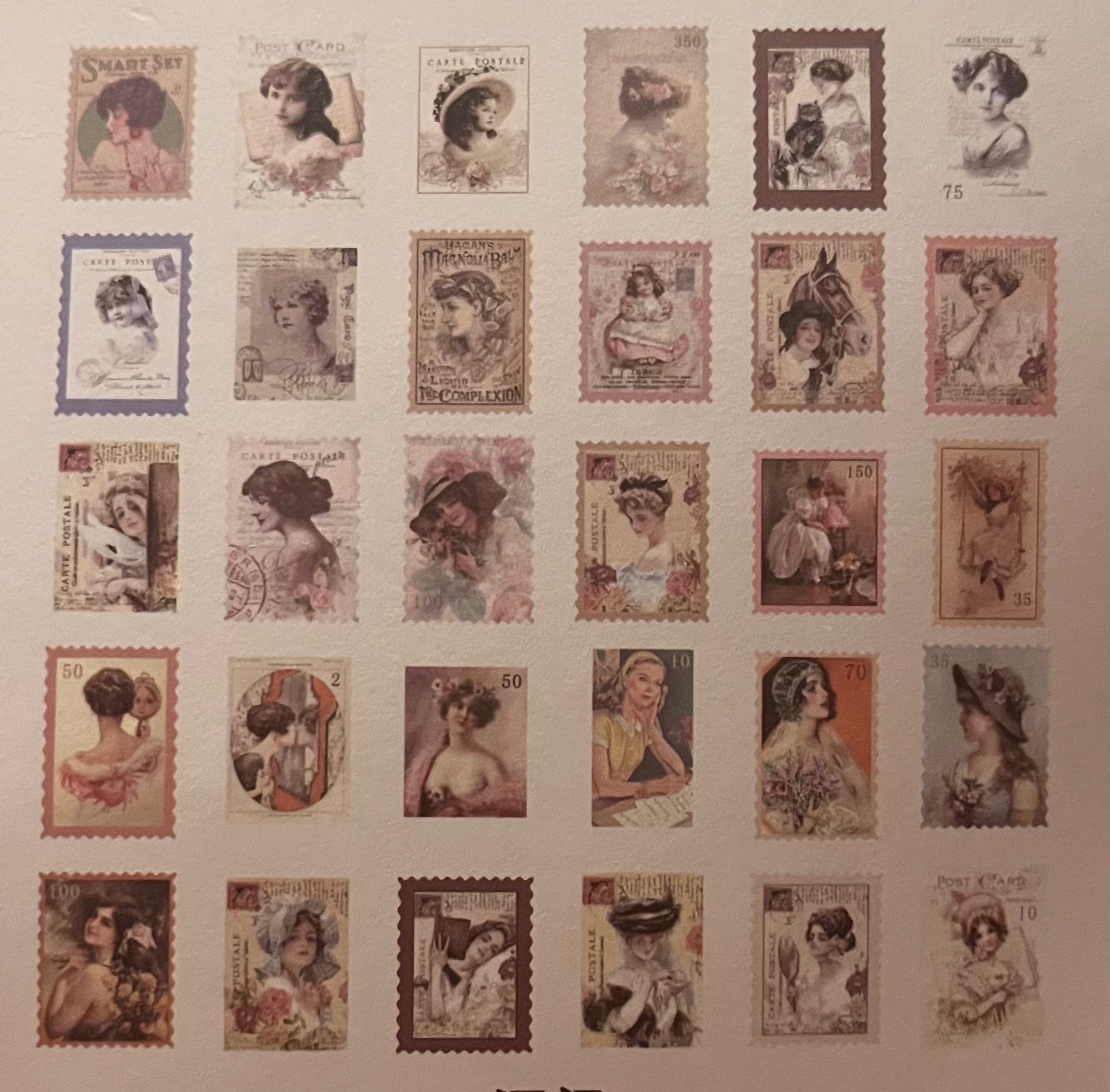 A sheet of vintage-style postage stamp illustrations featuring multiple portrait and fashion-themed stamp designs arranged in rows on a light beige background.