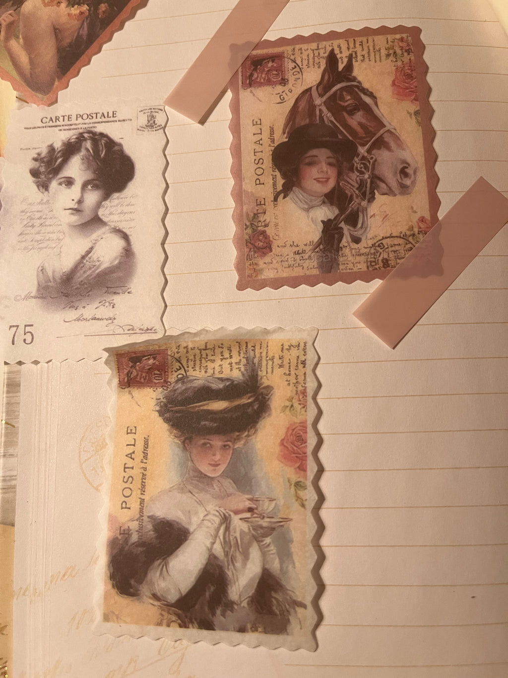 Vintage-style postage stamp art pieces with illustrated portraits and a horse, arranged on lined paper with beige tape.