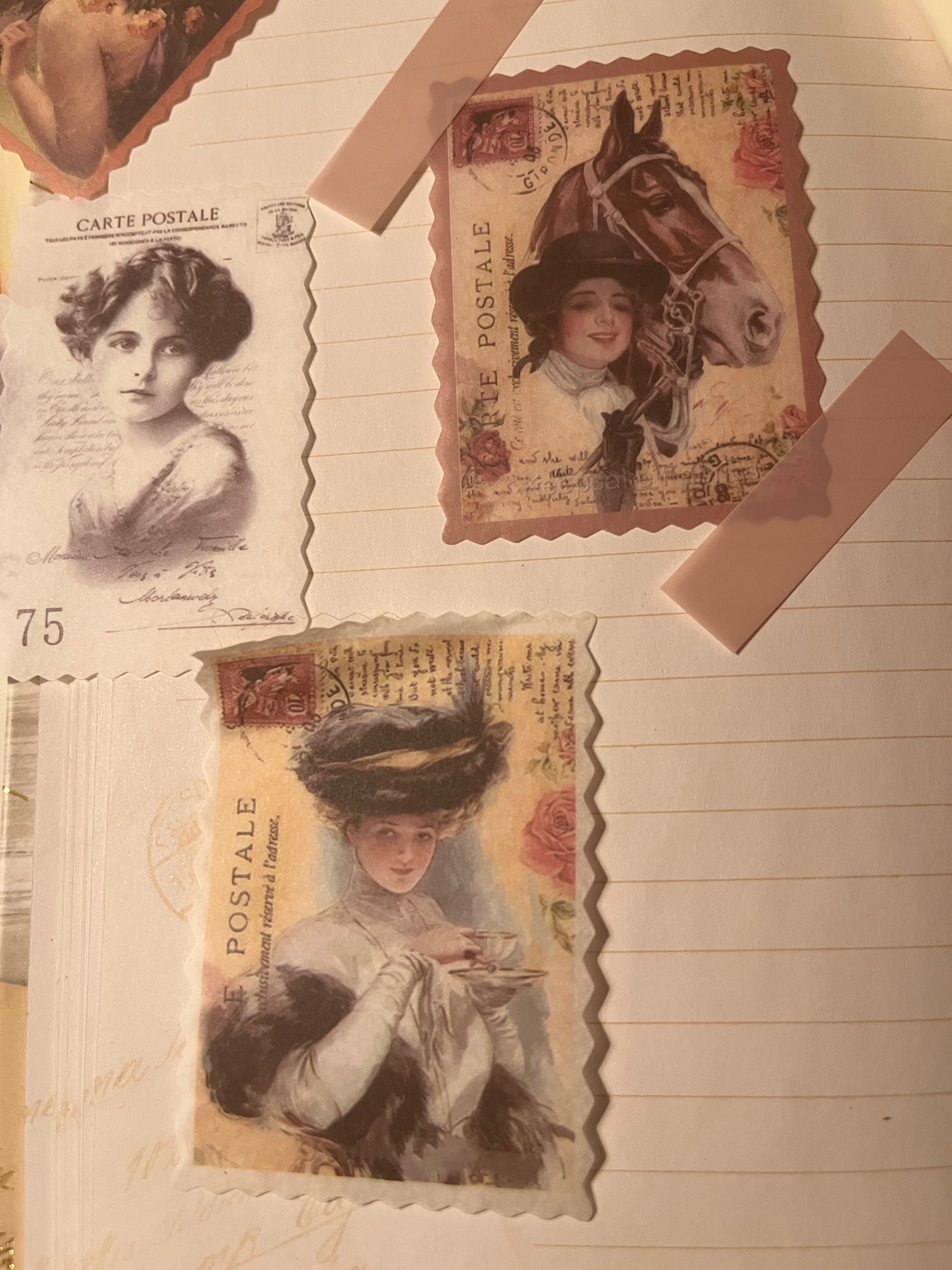 Vintage-style postage stamp art pieces with illustrated portraits and a horse, arranged on lined paper with beige tape.